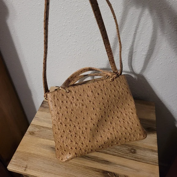 Ostrich Bow Faux Leather 3 Compartment Satchel - Camel - Picture 13 of 13